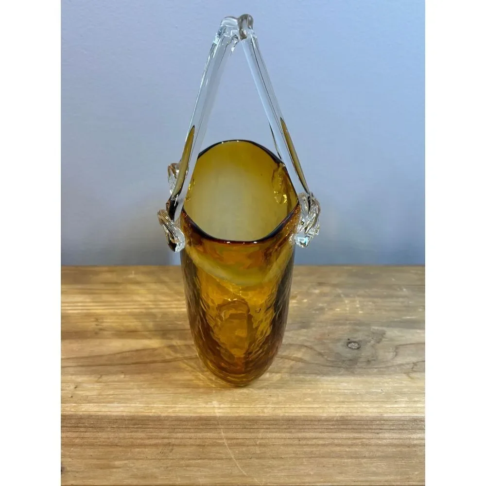 Vintage hand-blown amber art glass purse vase design Society